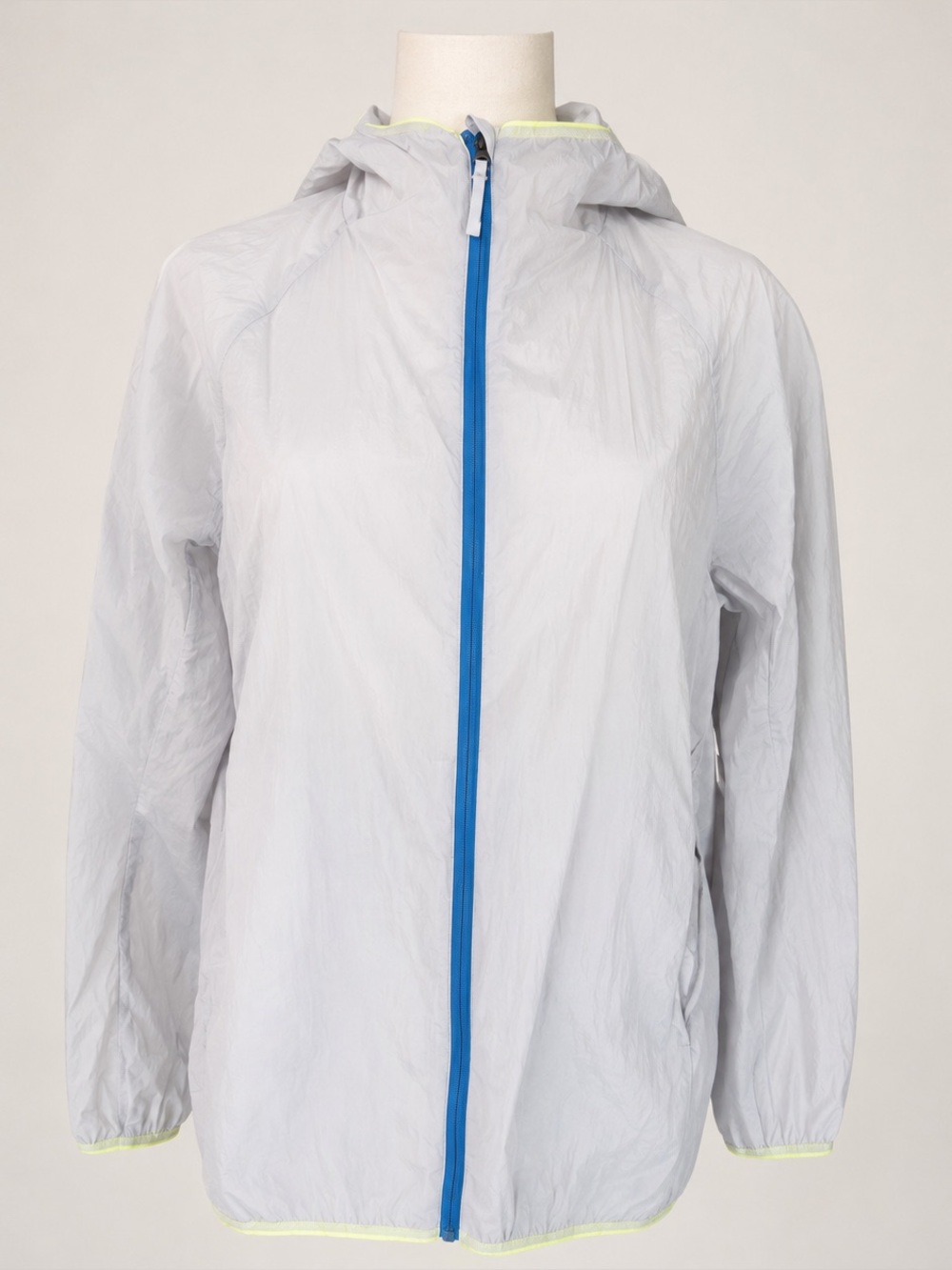 Uniqlo Women’s S Lightweight Hooded Windbreaker Jacket Gray Blue Neon Trim